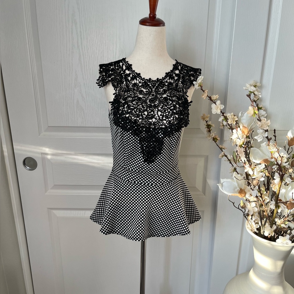 Black and White Pelpum Embroidered Lace Top